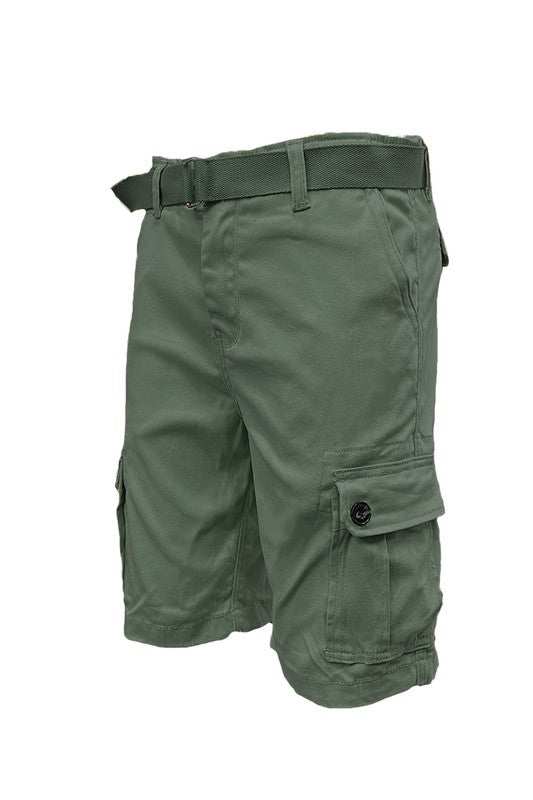 Weiv Mens Belted Cargo Shorts with Belt in green, featuring multiple pockets and buckle closure.